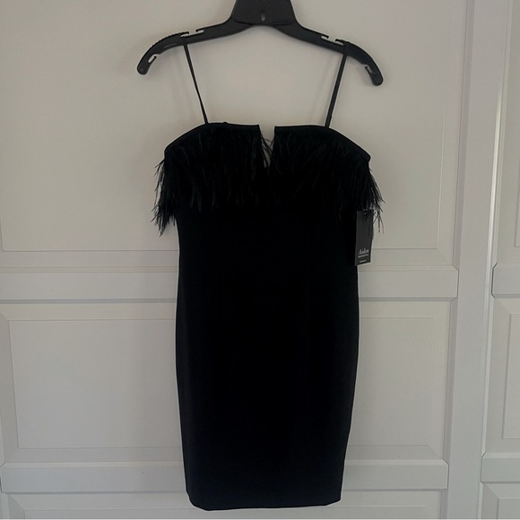 New! Aidan Mattox Black Mini Dress Bodycon Slip Feather Size 4 26741 - Picture 2 of 13